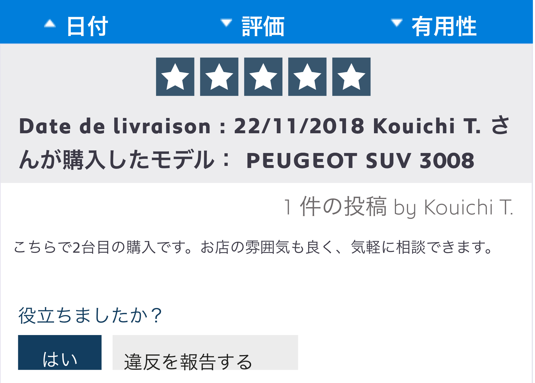 PEUGEOT ADVISORへの投稿、ありがとうございます。