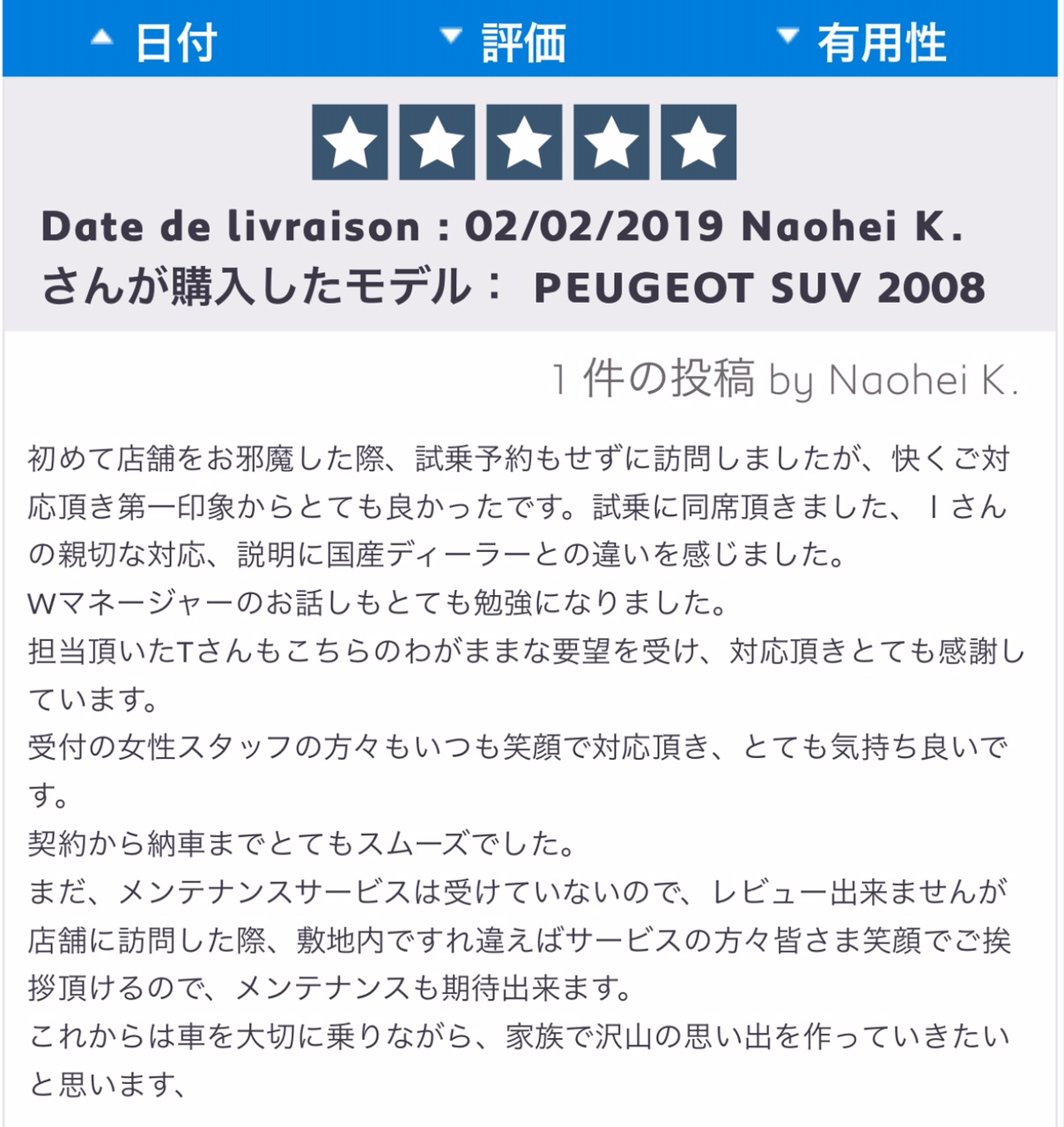 PEUGEOT ADVISORへの投稿、ありがとうございます。